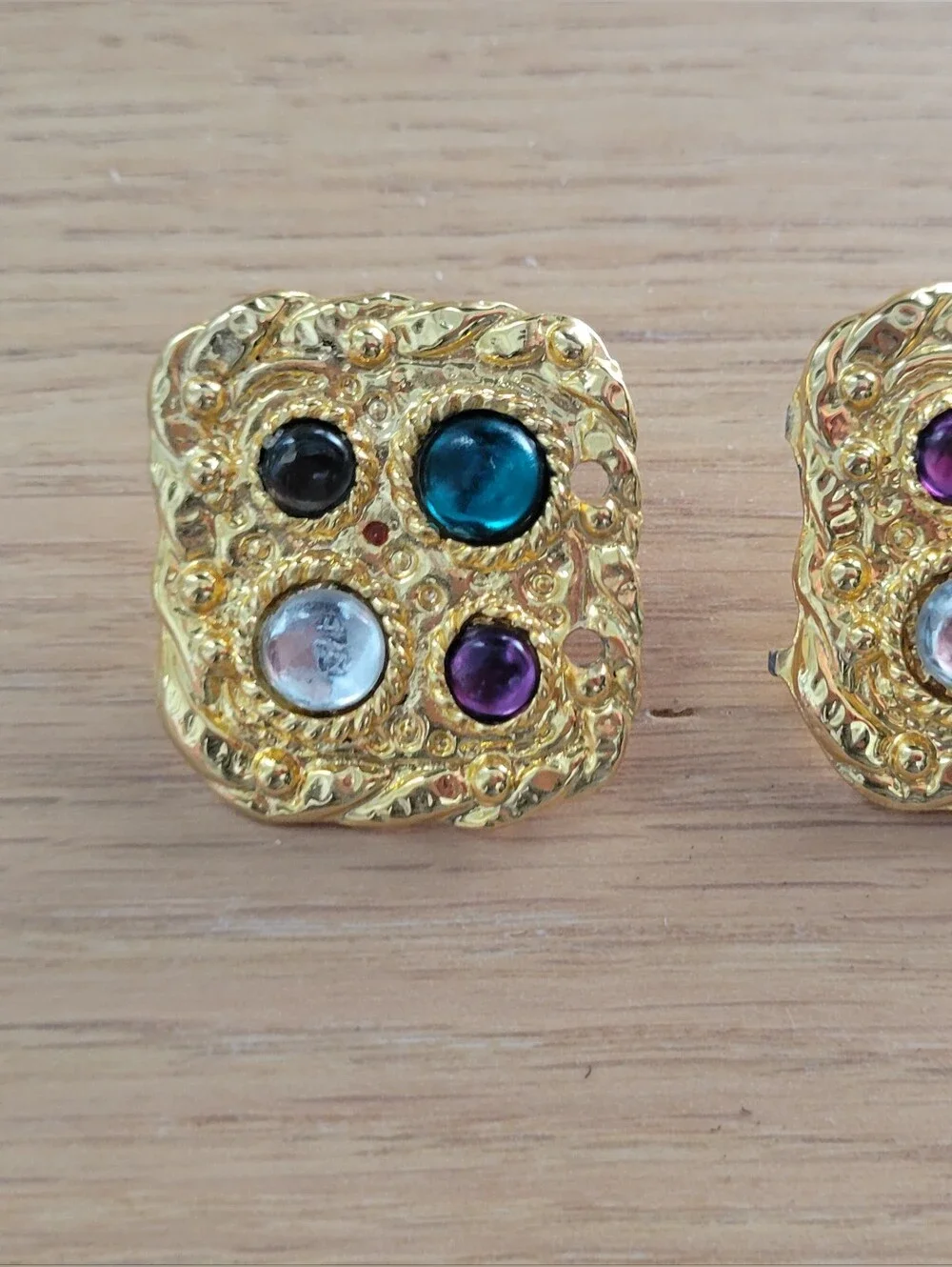 Vtg Gold-Tone Square Clip-On Statement 80s Earnings Green, Purple, Blue Accents